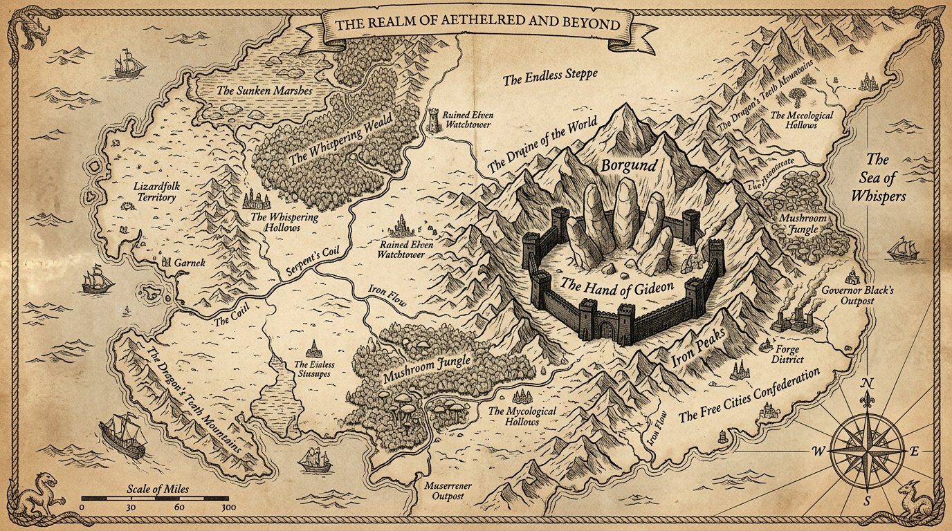 Example regional fantasy map made with the LoreKeeper map generator: a parchment-style realm with labelled mountains, forests, marshes, a walled fortress, rivers, ships and a compass rose